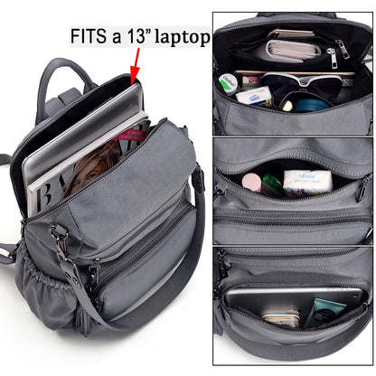 UTO Women Backpack Purse Nylon Fabric Ladies Fashion Designer Rucksack Convertible Travel Shoulder Bag with Tassel Grey