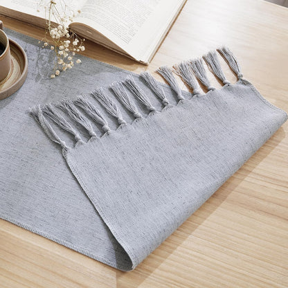 Aoztio Linen Style Rustic Table Runner, Farmhouse Cotton Linen Table Runner, Boho Table Runners 90 Inches Long with Hand Tassels for Home Tabletop Decor and Everyday Use - Silver Grey, 90 Inch