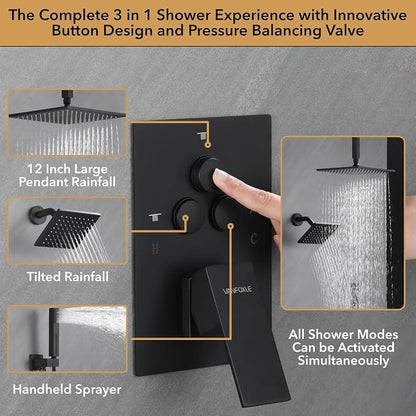 VANFOXLE Shower Faucet Set Matte Black Shower System, Push Button Diverter Shower Faucet with Trim Kit, Ceiling Mount 12 Inch Shower Head Increased Thick, 6 Inch Side Shower Head, 2-in-1 Handheld