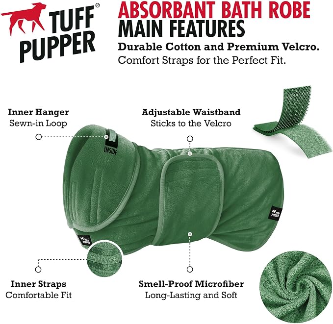 Tuff Pupper Fast Drying Dog Bath Robe | 800 GSM Plush Dog Towel Bathrobe/Dressing Gown | Super Absorbent Pet/Puppy Bathrobe | Adjustable Hood & Belly Strap | Super Soft | Fast Drying (XS, Green)