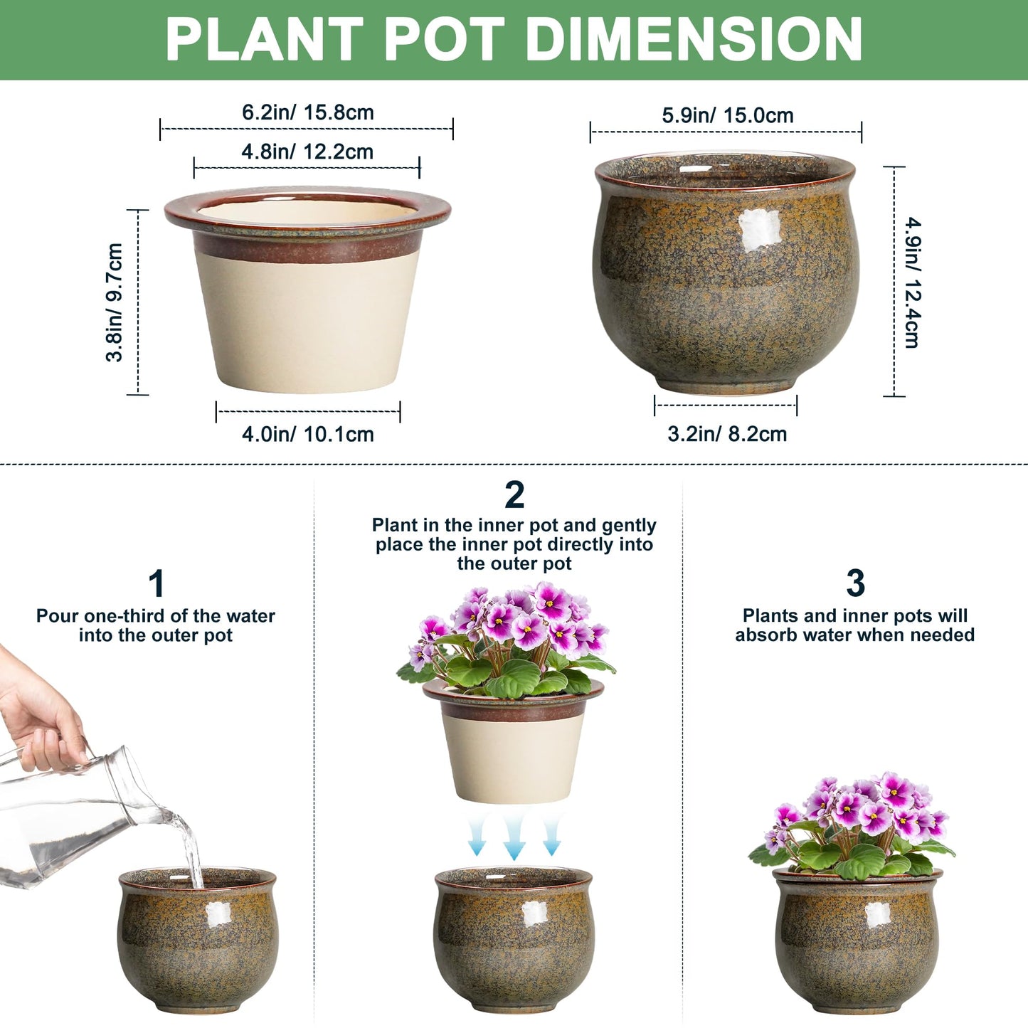 Teagas Self Watering Planters for Indoor Plants, 6 Inch Ceramic African Violet Pots with Absorbent Inner Pot, Ceramic Plant Pot, Round Flower Pots, Bathroom Decor, Housewarming Gifts, Yellowish Brown