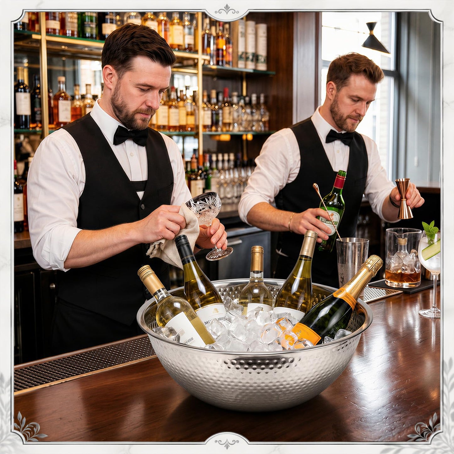 Acellegic 2 Pcs Large Silver Hammered Stainless Steel Beverage Tub 15.35x5.12 Inch, 16.4 Qt Leak-proof Ice Bucket for Parties, Champagne Wine Chiller Bowl, Luxury Drink Cooler for Wedding, Mimosa Bar
