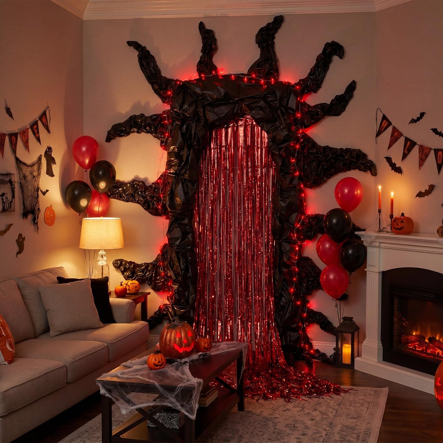 Tingjoo 12 Pcs Weird Themed Door Party Decoration with Spooky Red Black Foil Curtain Tablecloth LED Light Weird Themed Door Decor for Welcome to the Other Side Backdrop Photo Prop Birthday Halloween