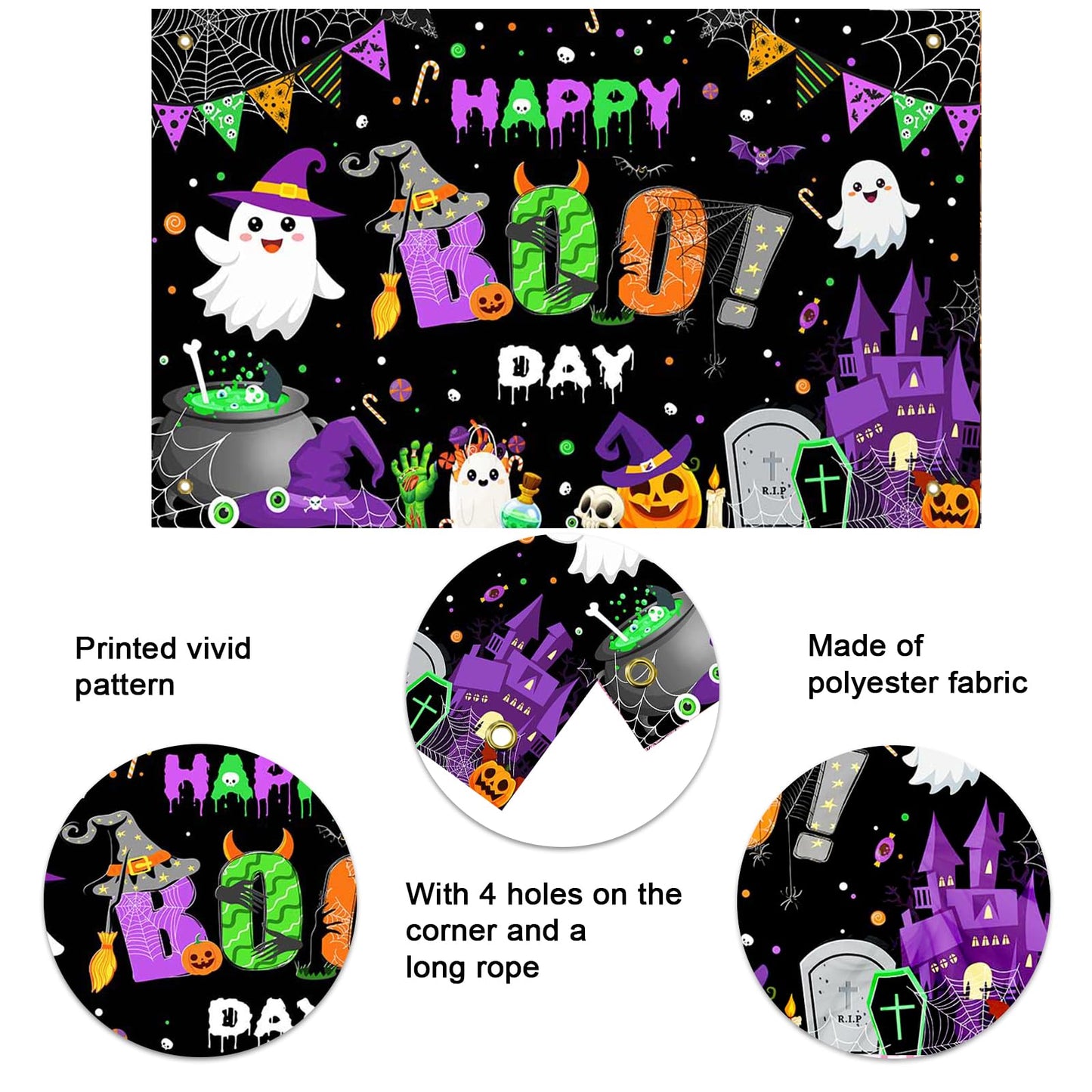 Mocsicka Happy Boo Day Banner Backdrop Halloween Happy Birthday Banner Purple Cute Ghost Happy Boo Day Halloween Birthday Decorations Photo Booth Props 70.8x43.3(inch)