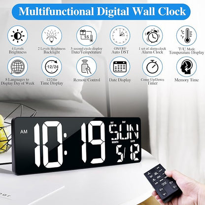17.2"Large Digital Wall Clock Large Display with Remote Control 180°Visible | Timer with Temperature Date Week Auto DST Adjustable Brightness, for Living Room Classroom Garage Gym Gift for Senior Mom Dad