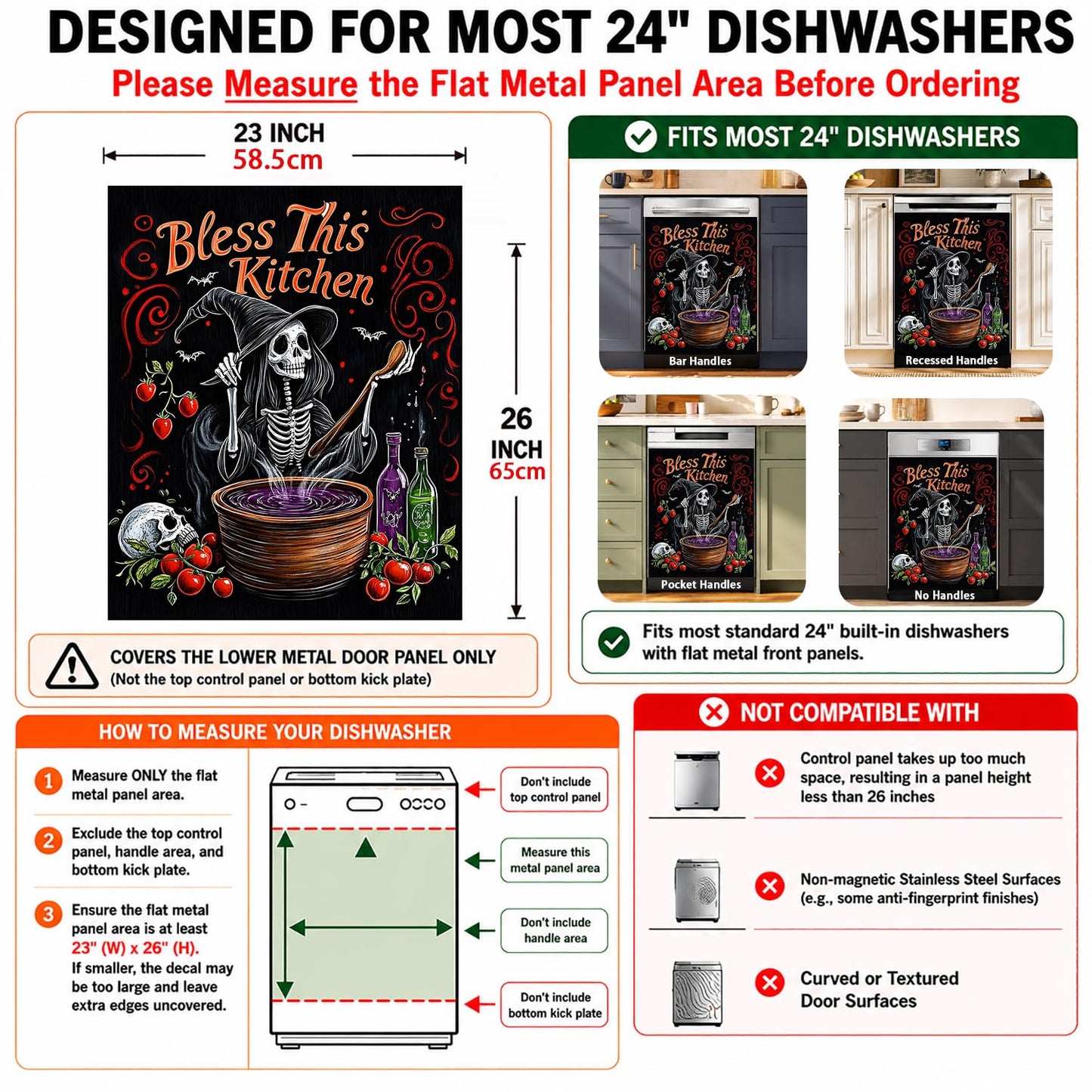 Dishwasher Magnet Cover Flower, Halloween Witches Magnetic Dishwasher Covers Decorative for The Front Panel, Refrigerator Magnets Decorative Cover Sticker Decal Kitchen Decor 23x26 Inch