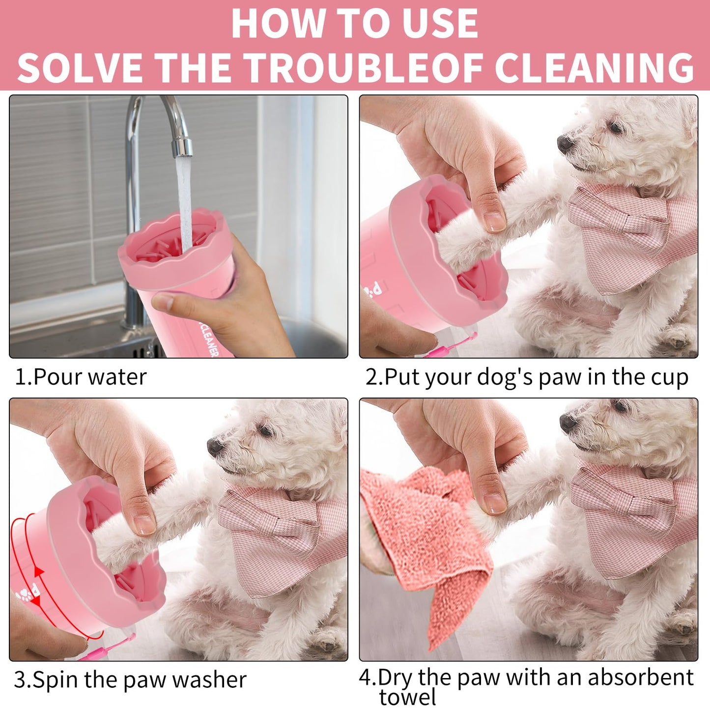 Comotech Dog Paw Cleaner, Portable Dog Paw Washer Pet Cleaning Silicone Brush with 3 Absorbent Towel, Pet Foot Cleaner for Small Breed Dogs (with 3 absorbent towel) (Light Pink, Small)