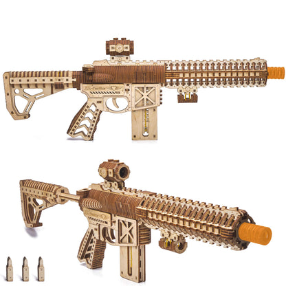Wood Trick Gun AR-T 3D Wooden Puzzles for Adults - with Telescoping Butt, Fuse, Sight and Clip for 12 Rounds - Detailed Construction - 23x8″ - Model Kit for Adults to Build - 14+