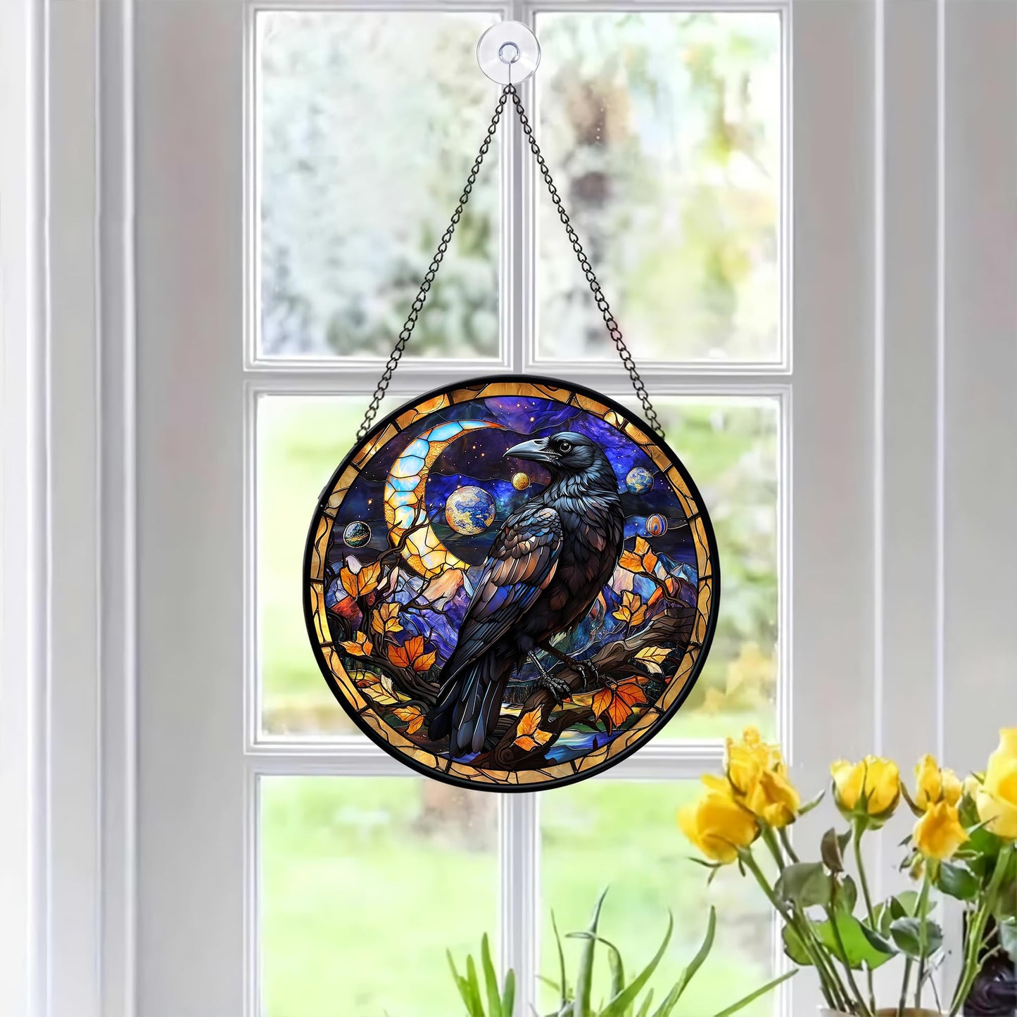 FIVITY 7.8'' Dark Crow Suncatcher Stained Glass Window Hanging Creepy Raven Ornament Wall Home Room Kitchen Decor Gothic Sun Catcher Gifts for Teens Adults Birthday Halloween Christmas Fall Holiday