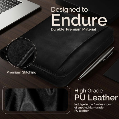 Black Zippered Leather Portfolio Binder - PU Leather Business Portfolio Organizer - Padfolio for Men & Women with US Letter Notepad, 10.5 Inch Tablet Pocket & Gift Box by Lautus Designs