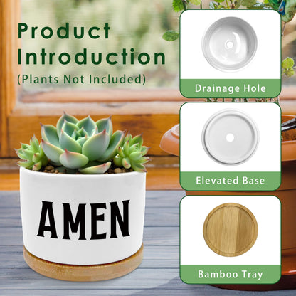 ROXMART Amen Christian Plant Pots, Christian Religious Gifts for Women Men Succulent Planters, Faith Based Prayer Gifts Ceramic Plant Flower Pots for Home Office Desk Table Shelf(No Plants)