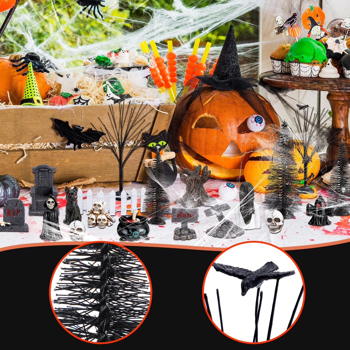 Liliful 32 Pcs Halloween Village Miniature Town Accessories Set Halloween Figurines Spooky Bare Branches Tombstones Skeleton Skulls Resin Horror Village Collections for Party Town Decorations