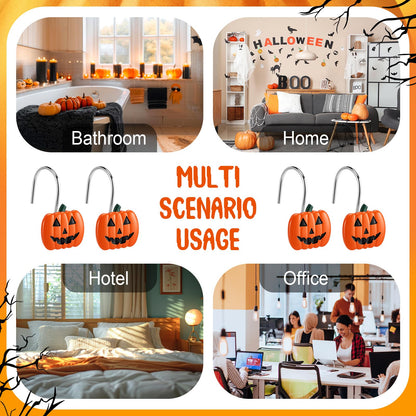 Yungyan 12 Pcs Halloween Shower Curtain Hooks Pumpkin Curtain Hangers Orange Autumn Fall Decorative Rings for Halloween Bathroom Restroom Decor