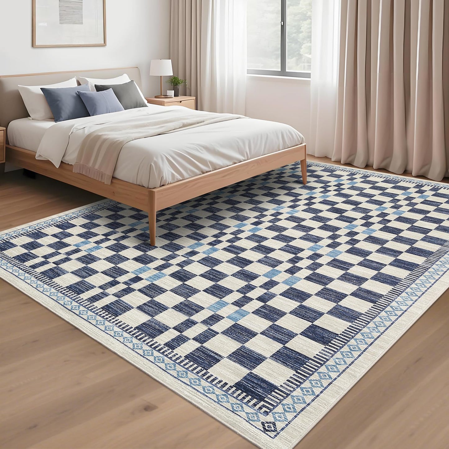 GarveeHome 5x7 Area Rug for Baby Room Non-Slip Low Pile Stain-Resistant Living Room Carpet Modern Abstract Checkered Dining Rugs No-Shedding Machine Washable Area Rug for Dorm Home Office Bedroom Blue