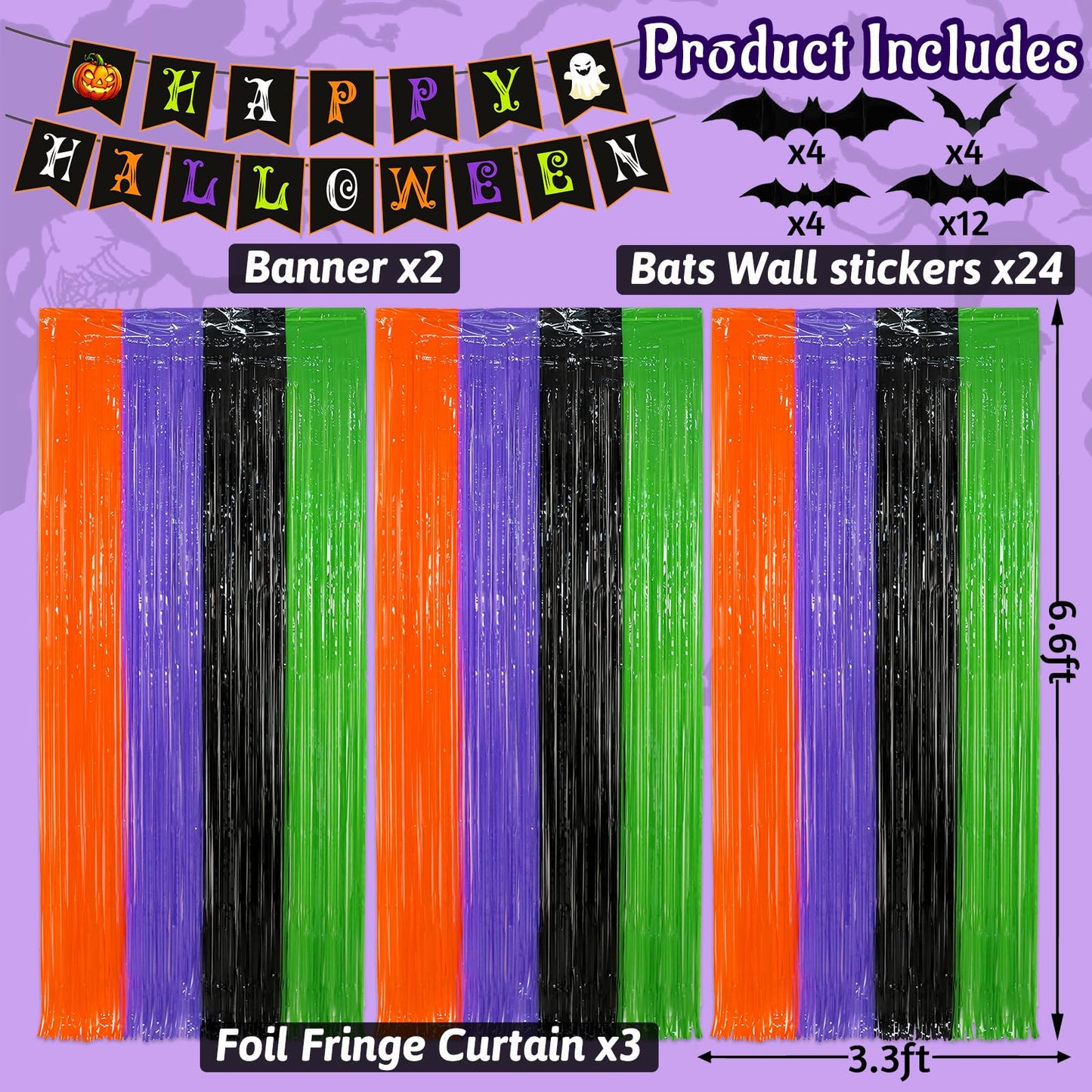3 Pack Halloween Foil Fringe Curtains Party Decoration, Include 24pcs 3D Bat Stickers and Banner Tinsel Streamers Photo Booth Backdrop Wall Decor for Halloween Party Decoration Supplies