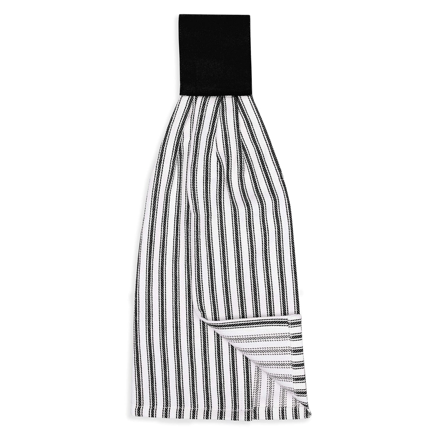 Cackleberry Home Black and White Ticking Stripe Hanging Kitchen Dish Hand Towel Cotton with Button Accent, Set of 2
