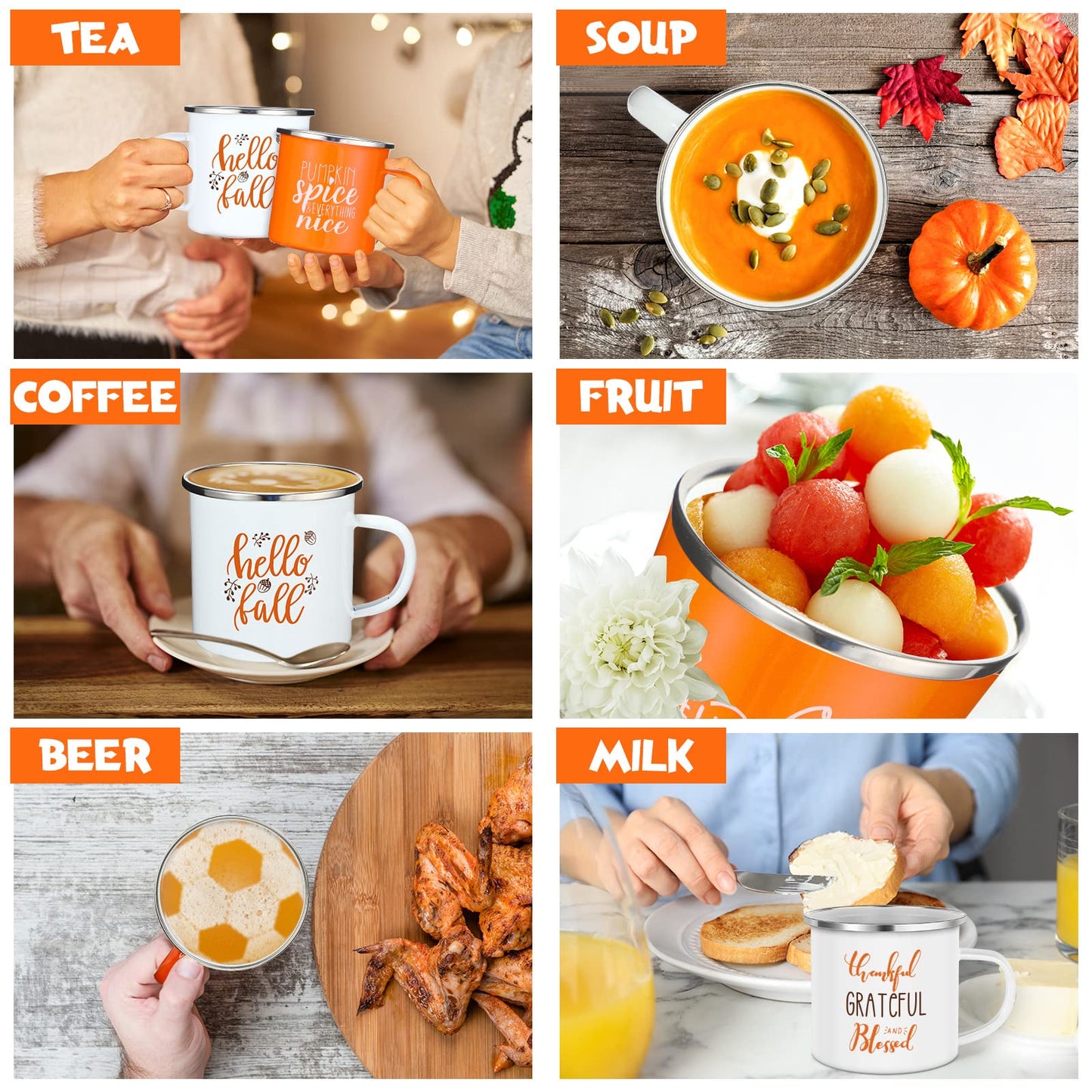 Fall Coffee Mugs 12 oz Thanksgiving Enamel Mug Autumn Coffee Mug Outdoor Camper Mug Hello Fall Pumpkin Spice Give Thanks Sign Camping Tea Cup Decor for Christmas Halloween Party Campfire(24 Pcs)