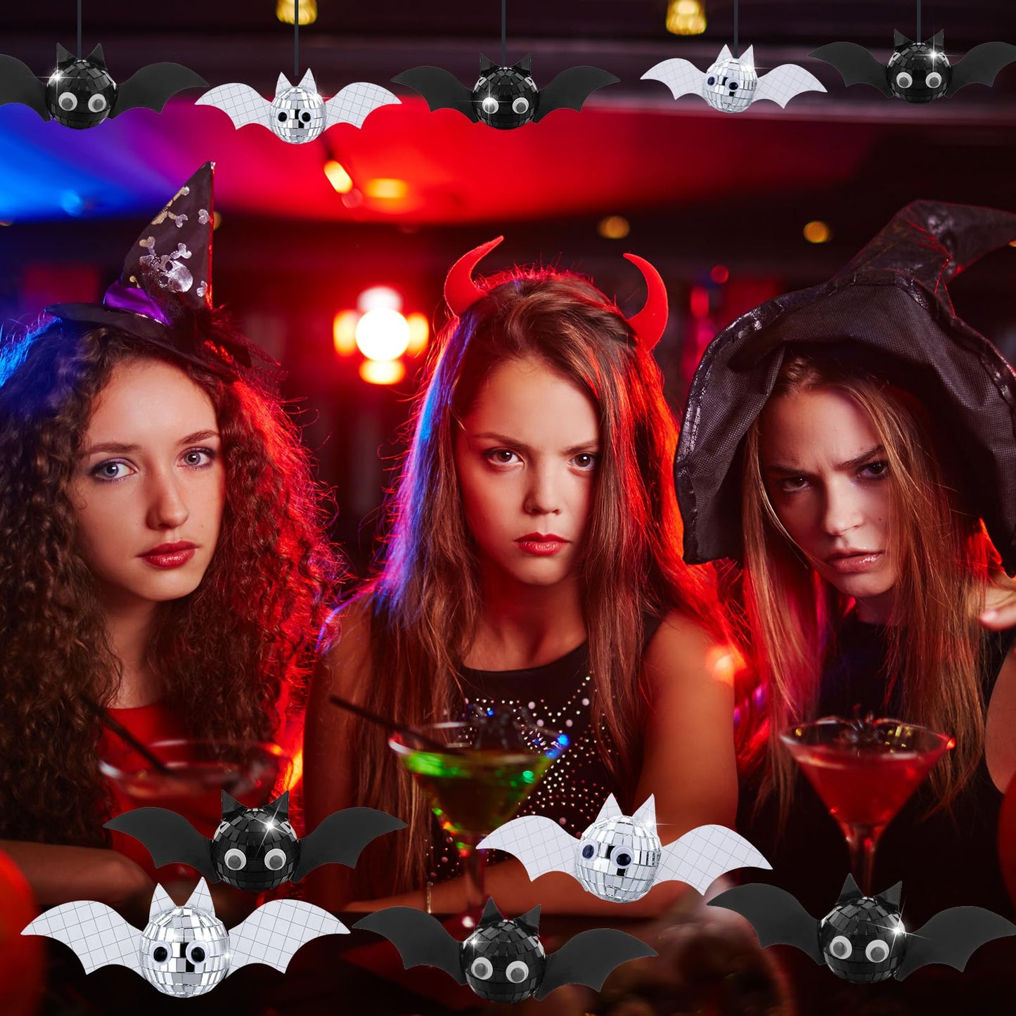 24 Pcs Halloween Disco Bats Halloween Disco Decor DIY Disco Ball for Halloween Party Decor Glitter Disco Ball with Sparkle wing Wiggle Googly Eyes Round Dot Sticker for Halloween DIY Bats