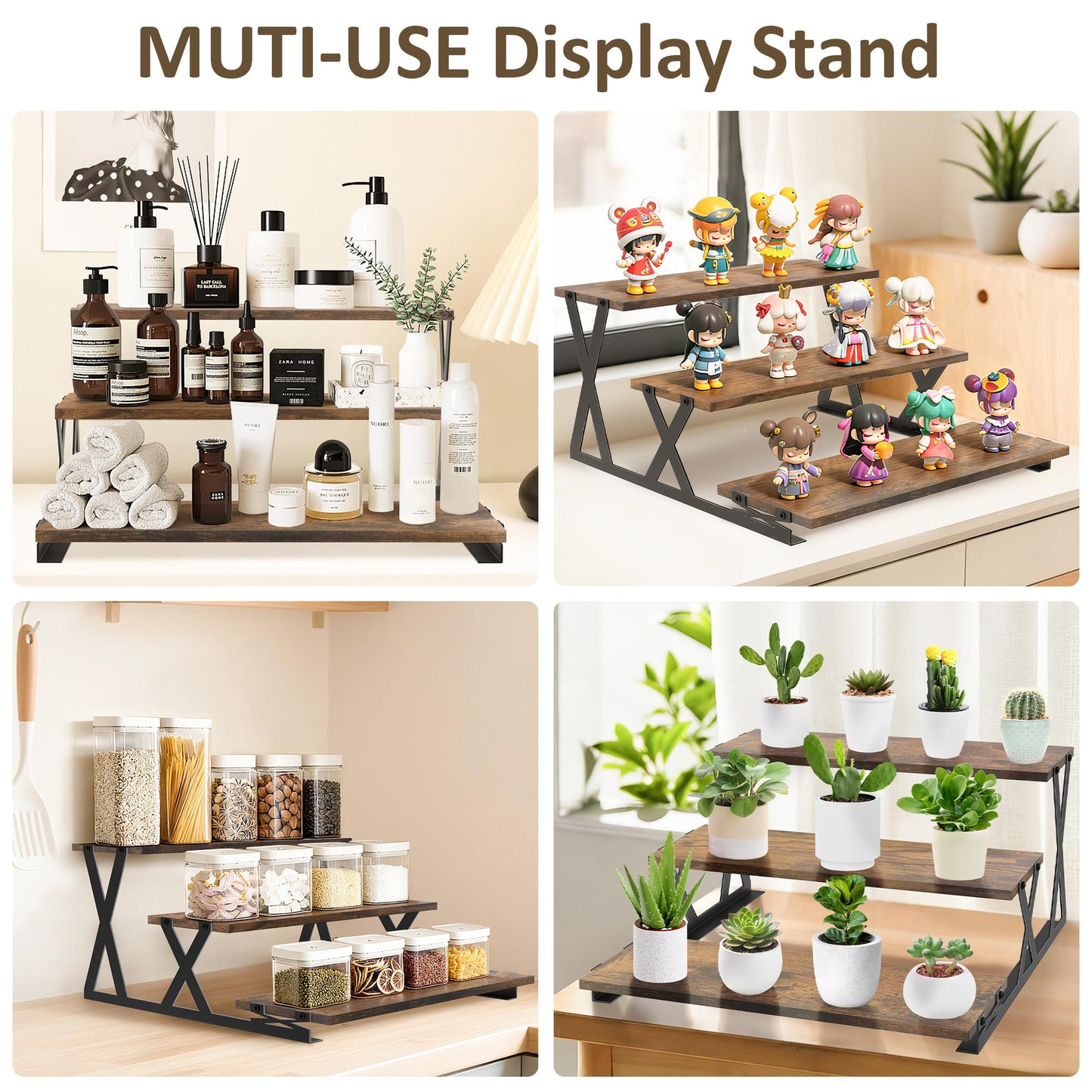 KALYLOC 3 Tier Cupcake Stand, Wooden Risers Dessert Table Display Set, Rustic Tiered Tray Stand Cupcake Tower for Party Farmers Market Wedding Birthday Baby Shower (Brown, X-Shape)