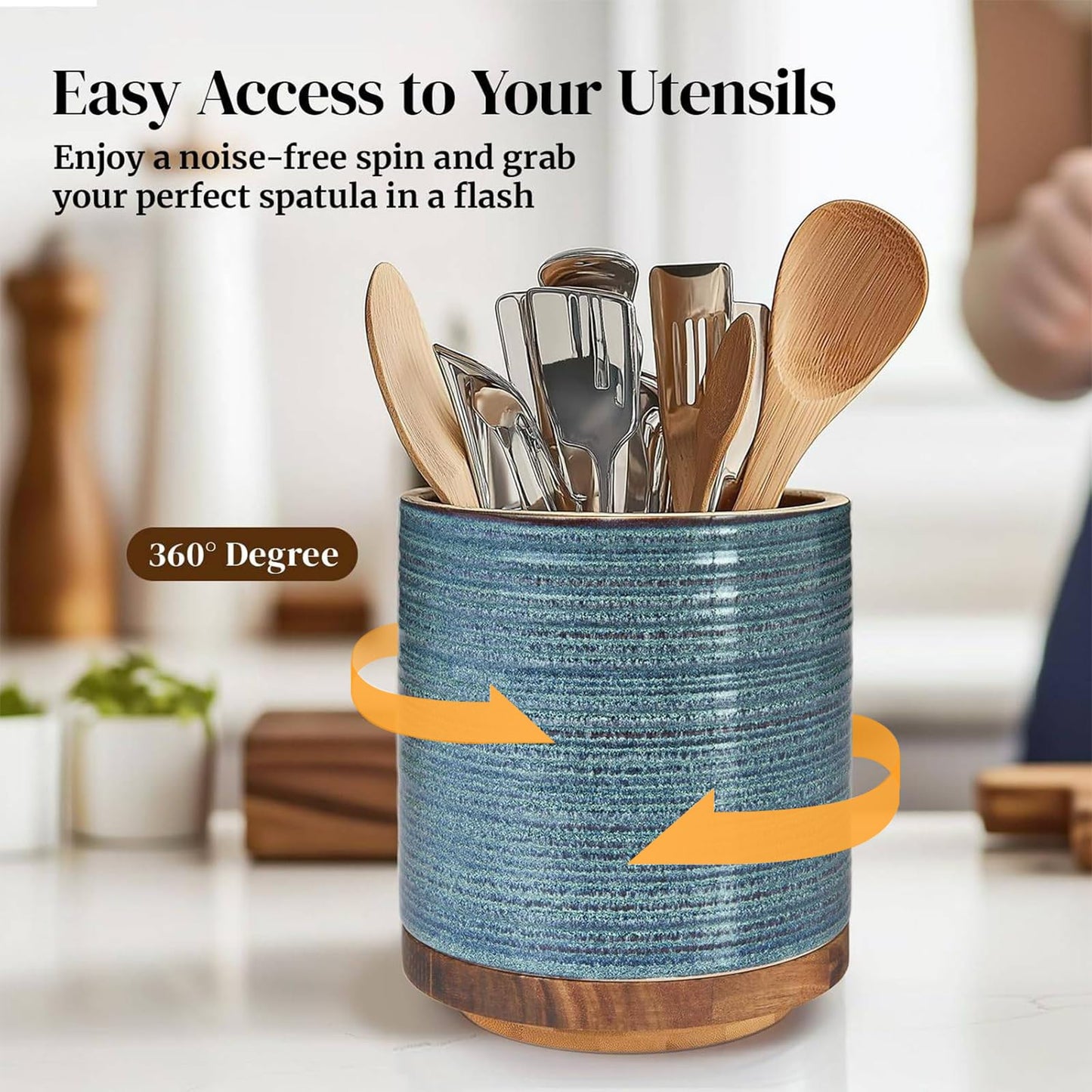 DOWAN 360° Rotating Extra Large Cooking Utensil Holder, 7.6" Kitchen Utensil Holder for Countertop, Utensil Crock for Farmhouse Kitchen Decor, Ceramic Stable Utensil Caddy, Blue