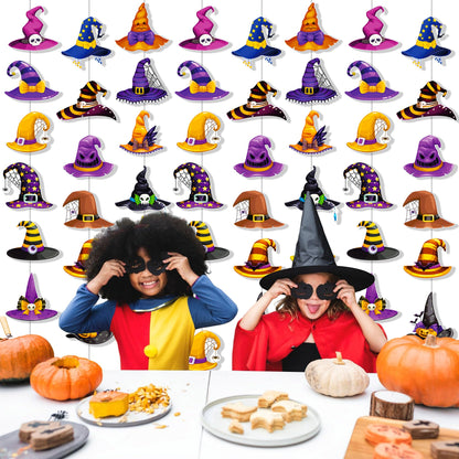 Halloween Witch Hat Garlands Halloween Party Supplies 8PCS Pre-Strung Witch Hanging Paper Garland Banners Wizard Hat Decorations for Spooky Theme Birthday Baby Shower Decor