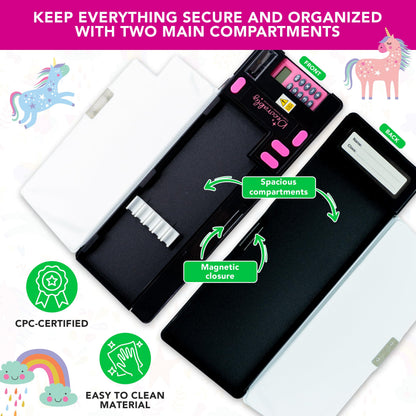 Decorably Unicorn Pop Up Multifunctional Pencil Case with Compartments, Calculator, Sharpener, Pen Slots, Mini Drawer and 2 Main Sections with Magnetic Closure - Back to School Gift for Kids