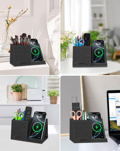 Investme Pen Holder with Wireless Charger, Pencil Holder for Desk, Multi-Functional Desktop Organizer, Desk Organizers and Accessories for Home School Office Supplies, PU Leather Black