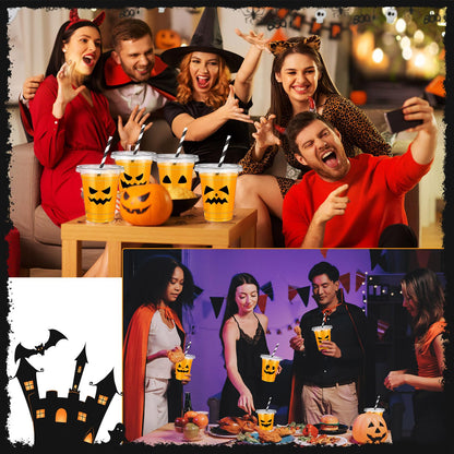 Bokon 60 Pcs Halloween Plastic Cups with 60 Lids and 75 Pcs Straws 12oz Disposable Clear Ghost Face Cups Bulk 12 Styles for Beverage Drink Snacks Wine Halloween Trick or Treat Supplies