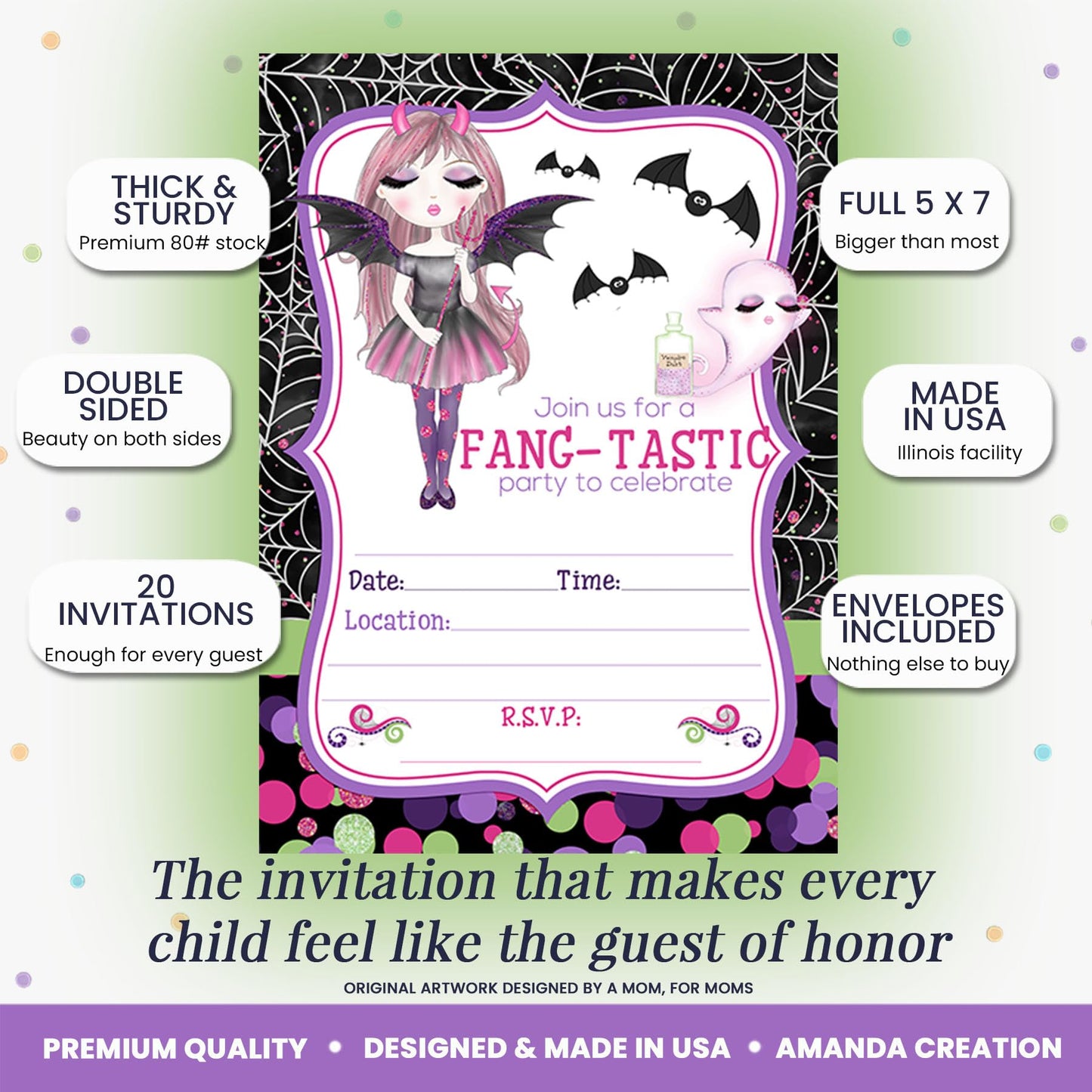Fang-tastic Vampire Girl Halloween Theme 20 Birthday Invitations 5x7 Fill-In Cards with Envelopes, Kids Party Stationery Set, Cute Ghost Bat Polka Dot Spider Web Design, Made in USA by Amanda Creation