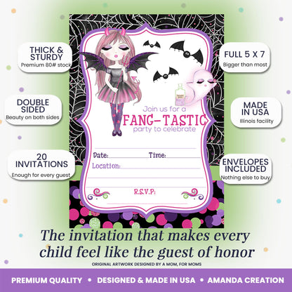 Fang-tastic Vampire Girl Halloween Theme 20 Birthday Invitations 5x7 Fill-In Cards with Envelopes, Kids Party Stationery Set, Cute Ghost Bat Polka Dot Spider Web Design, Made in USA by Amanda Creation
