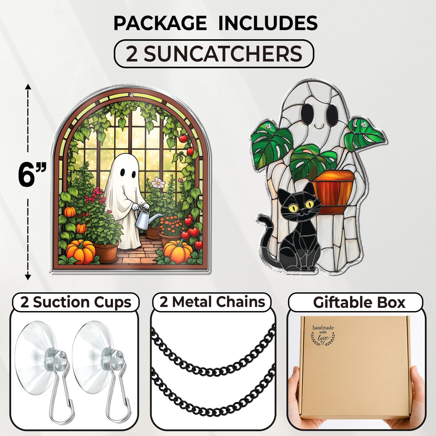 2 Cute Halloween Decoration Suncatchers, 6" Spooky Cute Ghost Plant Window Hangings, Ghost with Black Cat Greenhouse, Pumpkin Ornaments Home Garden, Gifts for Mom, Plant Lovers, Women, Girl SS358
