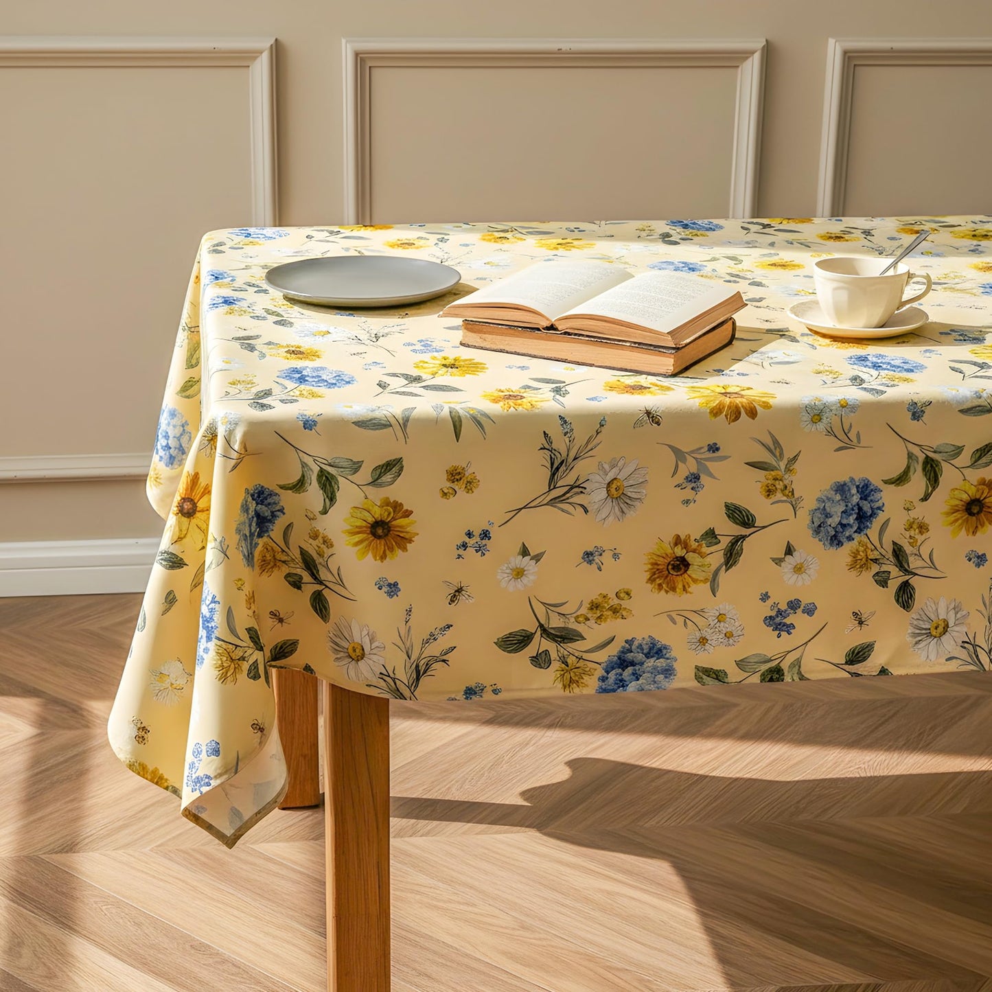 LOSIVISHE Spring Floral Tablecloth Waterproof Yellow Table Cover with Sunflowers, Hydrangeas & Daisies – Waterproof Fabric Table Cloth for Dining Room, Kitchen, Party & Outdoor Decor, W60 x L102 in
