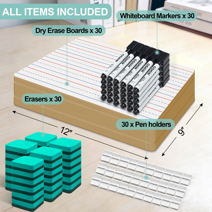 30 Pack Small White Boards, 9"x12" Double Sided Personal Dry Erase Boards Portable Handheld Whiteboards with Lines for Kids, Students, Teacher School, Include 30 Markers, 30 Erasers