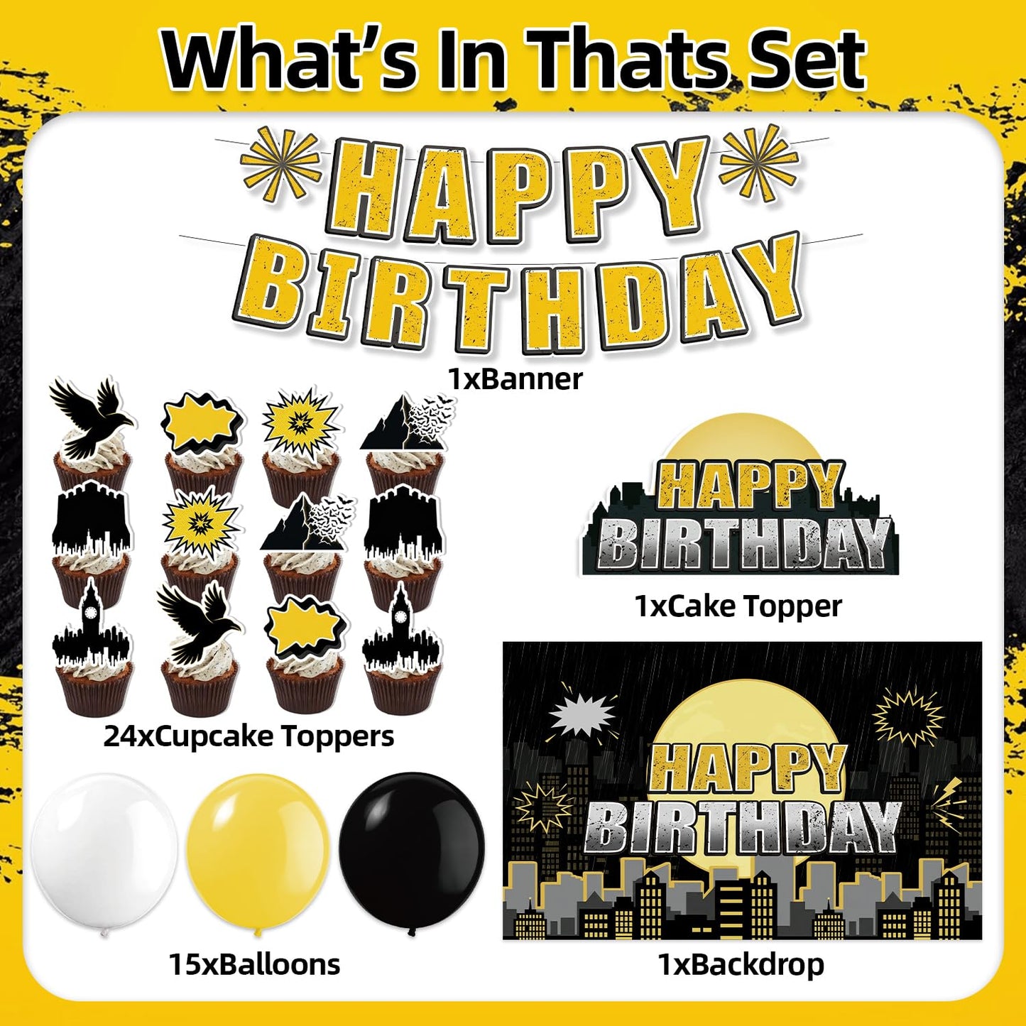 42Pcs Bat Super Theme Hero Party Decorations Including Backdrop,Cake Toppers,Cupcake Toppers,Balloons for Bat Birthday Movie Fans Party Decorations