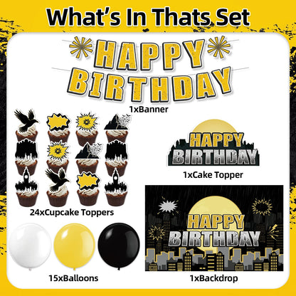 42Pcs Bat Super Theme Hero Party Decorations Including Backdrop,Cake Toppers,Cupcake Toppers,Balloons for Bat Birthday Movie Fans Party Decorations