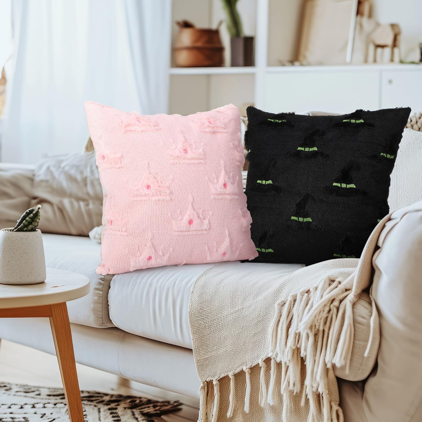 Mindsoft Set of 2 Witch Hat and Pink Crown Pillow Covers for Girls 18x18 Inch Witch Theme Throw Pillow Cases Soft Plush Cushion Covers for Christmas Halloween Sofa Couch Living Room