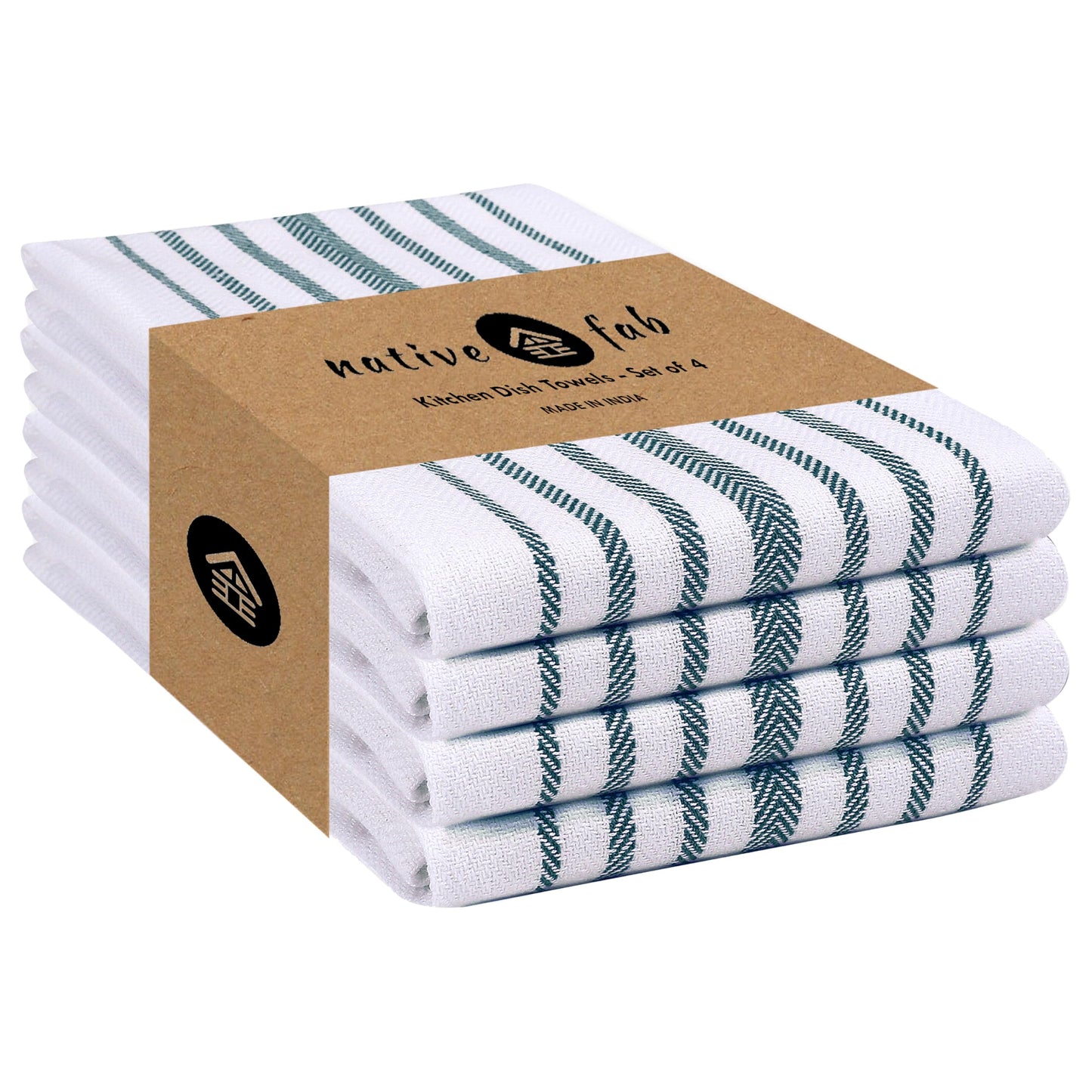 Native Fab Stripe Kitchen Towels 4 Pack Scandia Herringbone Weave 16"x26" - Cotton Kitchen Cloth, Super Absorbent Dish Towels, Multi Purpose Quick Dry Kitchen Washcloths - Teal Green White