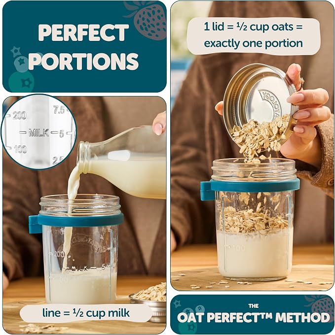 Overnight Oats Containers with Lids & Spoons - Stainless Steel Lid Leakproof Glass Jars for Chia Pudding & Yogurt for Healthy Breakfast On-the-Go - 16oz Set with Unique Milk Line - 4 Pack