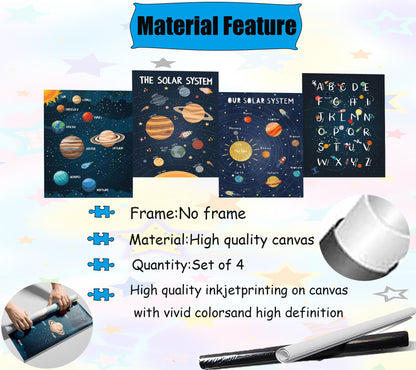 4Pcs Space Nursery Canvas Wall Art, Preschool Education Painting Picture Wall Decor, Solar System Poster Print Artworks for Classrooms, Nurseries, Children's Rooms, Playrooms, Home Decoration 8x10in