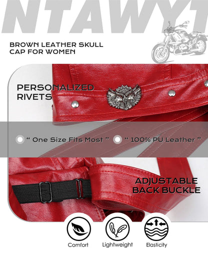 Bright Red Leather Skull Cap Adjustable - Soft Punk Biker Cap for Men Women, Classic Motorcycle Skull Cap Leather Biker Hat