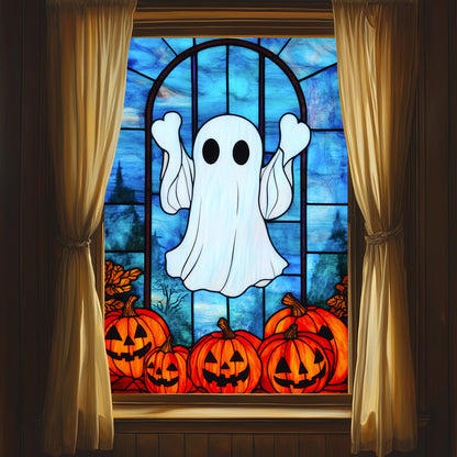 HOMETITUTE Halloween Ghost Window Film 31x47 Inch Pumpkin Decorative Window Film Cute Spooky Glass Cling for Kids Party Door Mirror Privacy Decor Stained Glass Windows Art for Home School Office
