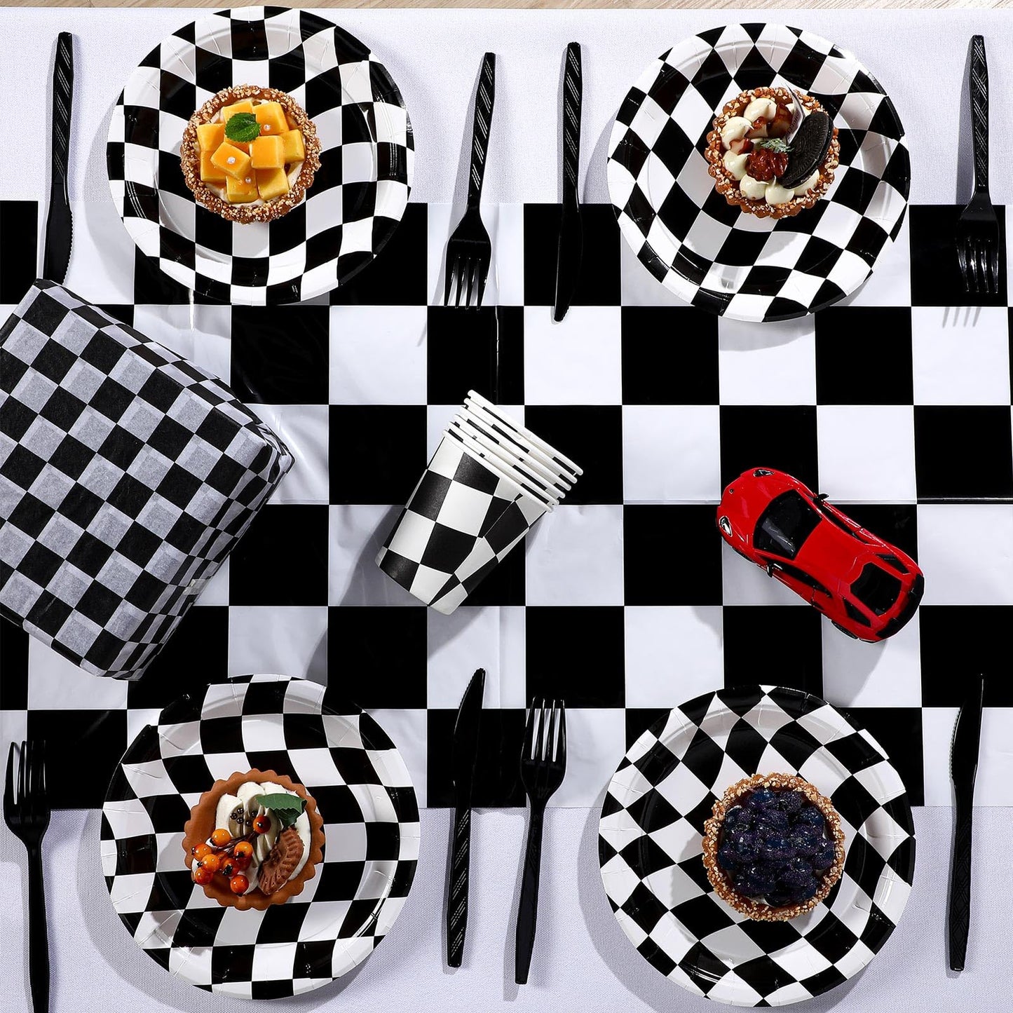 Preboun 12 Pcs Plastic Checkered Table Runner 14 x 108 Inch Racetrack Road Table Runner for Two Fast Car Theme Birthday Racing Party Decor Events Supplies (Black White Checkered)