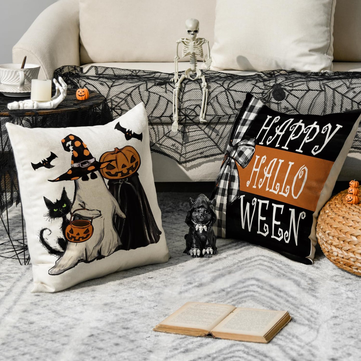 AVOIN colorlife Halloween Boo It's Spooky Season Cute Ghost Throw Pillow Covers, 18 x 18 Inch Trick or Treat Stripe Truck Pumpkin Spooky Cushion Case for Sofa Couch Set of 8
