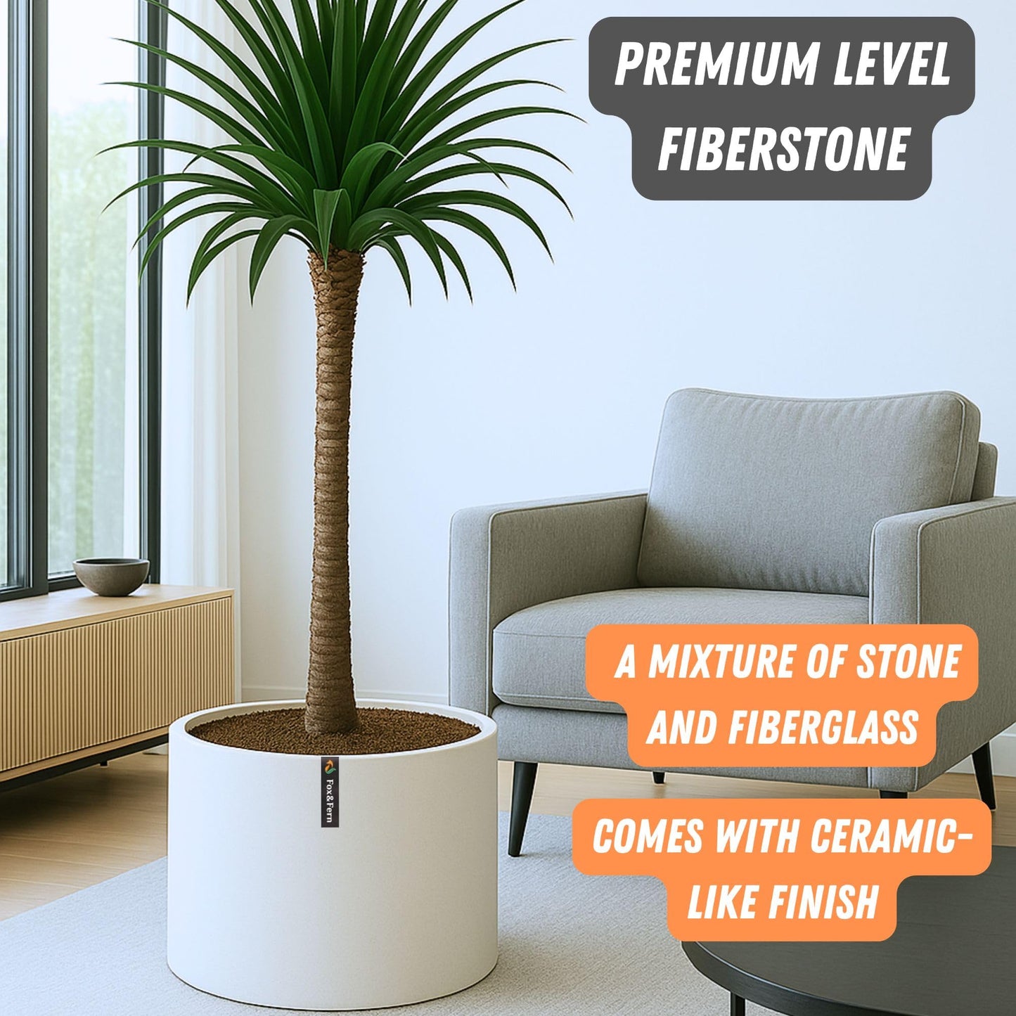 Fox & Fern Plant Pot, Large Plant Pots for Indoor & Outdoor, UV & Frost Resistant Plant Vase with Drainage Plug, Fiberstone, Large Indoor Pots for Plants & Flowers, House Indoor Plant Pot, Single Pot