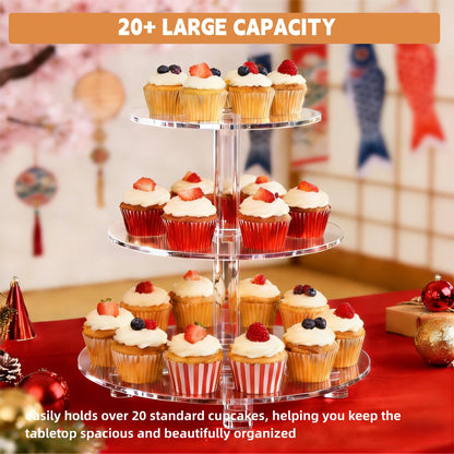 EffiQ-Rate 3 Tier Cupcake Stand, 4mm Thick Heavy Duty Acrylic Dessert Table Display Trays, 10" 8" 6" Round Cupcake Holder Decorative Bakery Tower for Wedding, Party, Baby Shower, Event