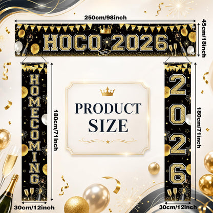 Fanfanwin 3 Pcs Hoco 2026 Banner Decorations for Hoco Party 2026 Black and Gold Homecoming 2026 Banner Yard Decorations for Homecoming Dance Party Background Supply