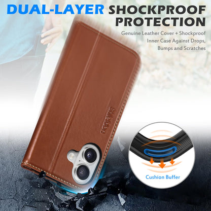 SHIELDON Genuine Leather Case Wallet for iPhone 17 6.3-inch 5G 2025 | Foldable, Magnetic Closure, Kickstand, RFID Blocking Credit Card Holder, Shock-Absorbent Phone Cover - Retro Brown