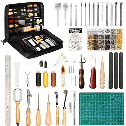 FifthQuarter Leather Tooling Kit: 458 Pcs Essential Leather Working Tools and Supplies for Starter with Guide Craft Tool Kits with Organizer for Stamping | Cutting | Stitching | Carving