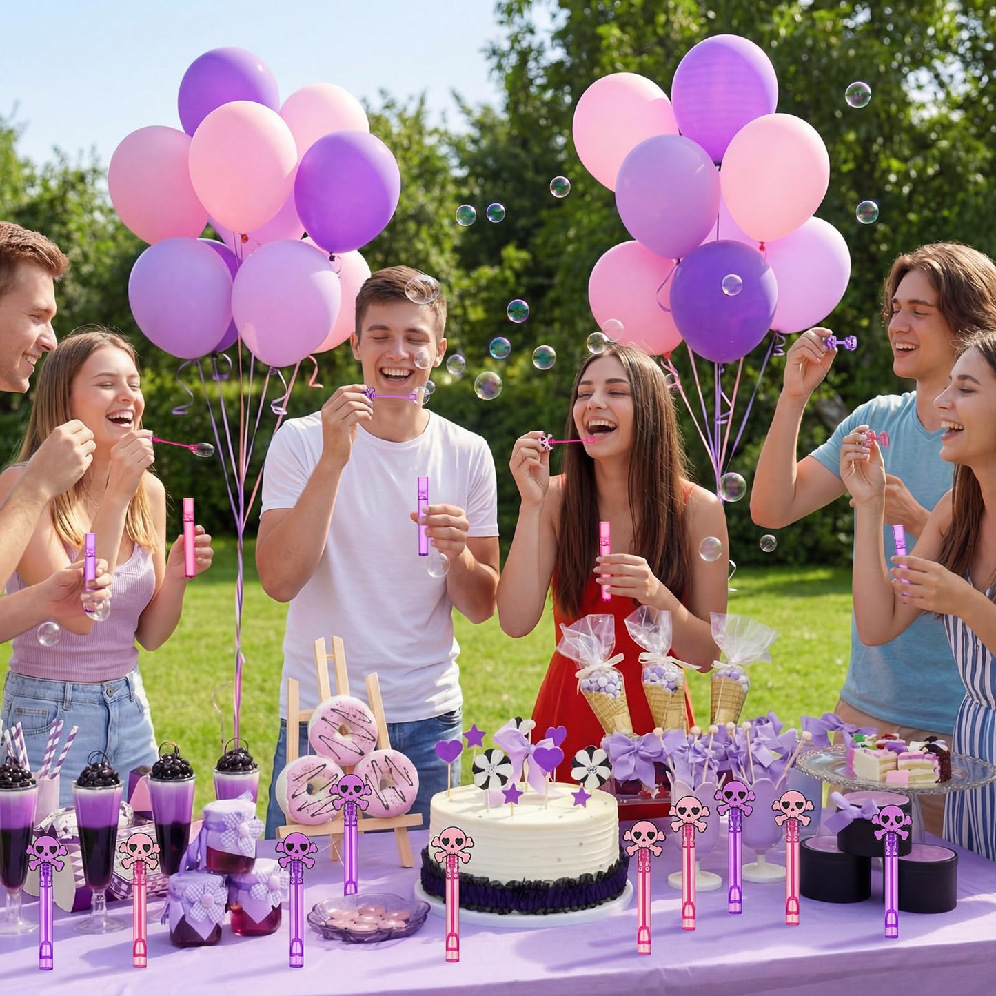 RoundFunny 24 Pcs Skull Mini Bubble Wands Skeleton Theme Party Supplies Favors Decorations Kawaii Cartoon Pink Purple Bubbles Sticks Wands for Birthday Party Goodie Gift Bag Outdoor Activity