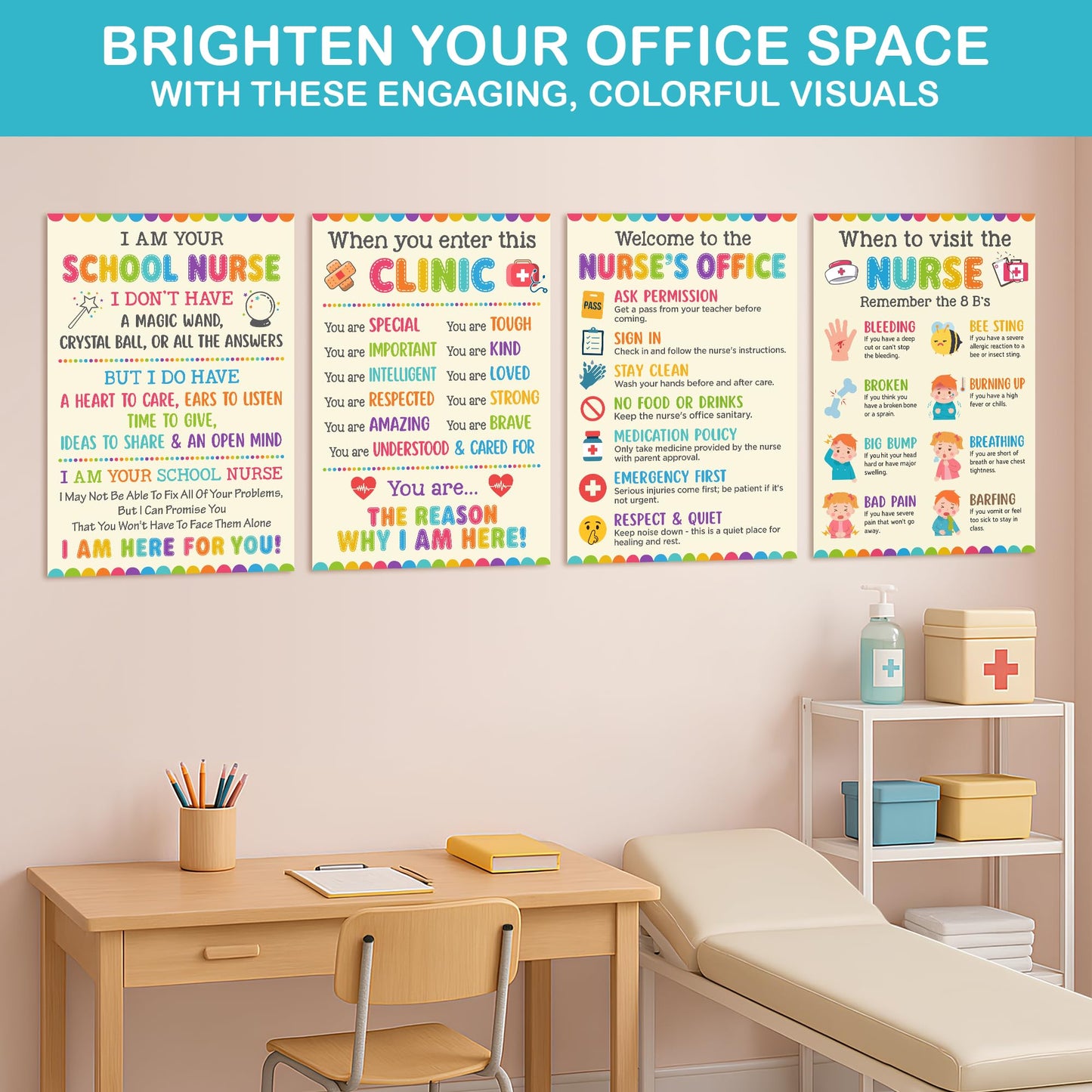 Lalunia 4 Pcs School Nurse Poster - 11"x16", When You Enter This Clinic, Health Office Posters for Office Bulletin Board Decorations, Education Back to School Nurses Supplies